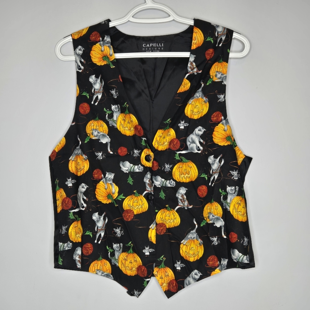 Vintage Halloween Vest Cats Kittens‎ Pumpkins Bats Novelty Capelli Fun Quirky